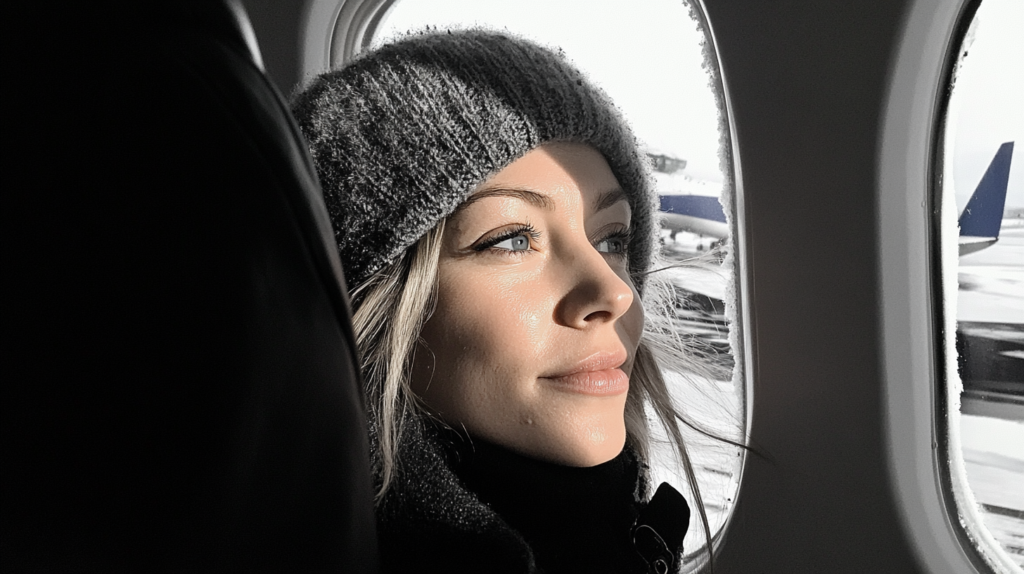 smiling woman looking through the window