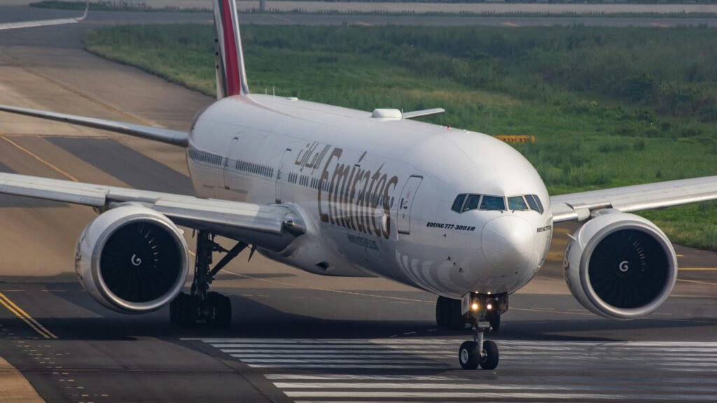 Emirates airplane taxiing on the pist