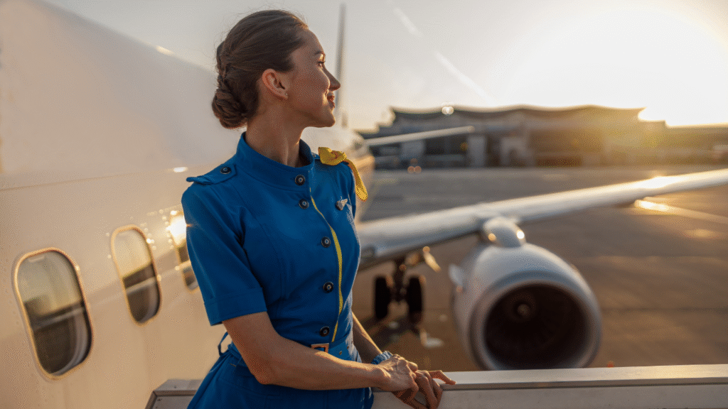 Hostess di volo guardando verso il cielo