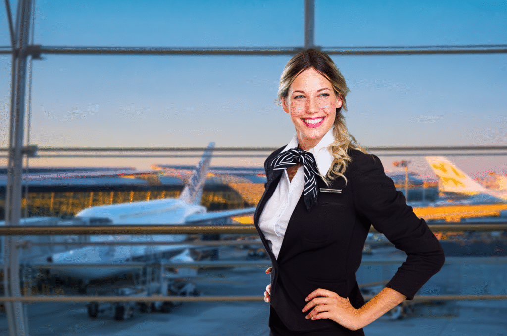 Hostess di volo sorridendo in aeroporto