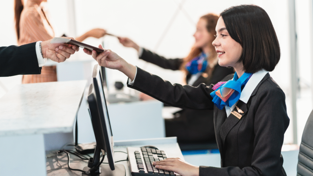 Una hostess di terra accoglie il passeggero con un sorriso mentre controlla il passaporto