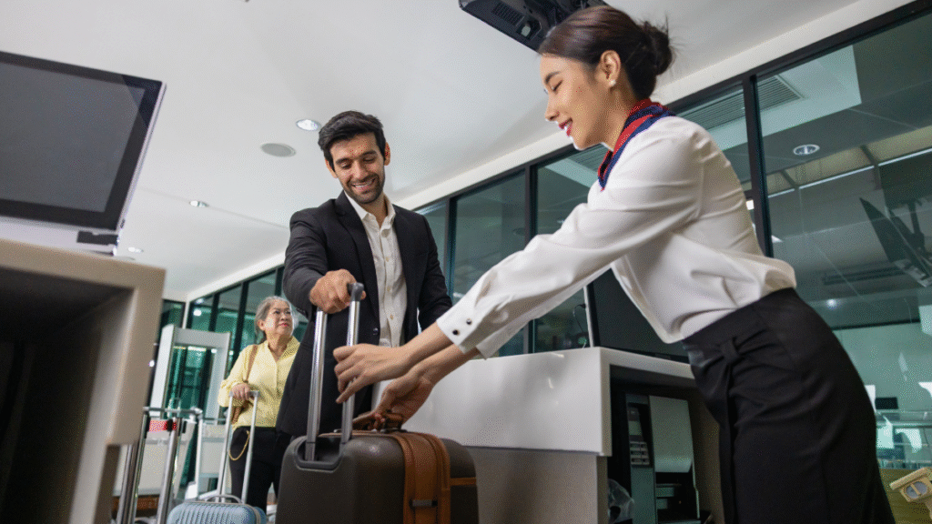 Una hostess di terra etichetta il bagaglio di un passeggero al banco check-in