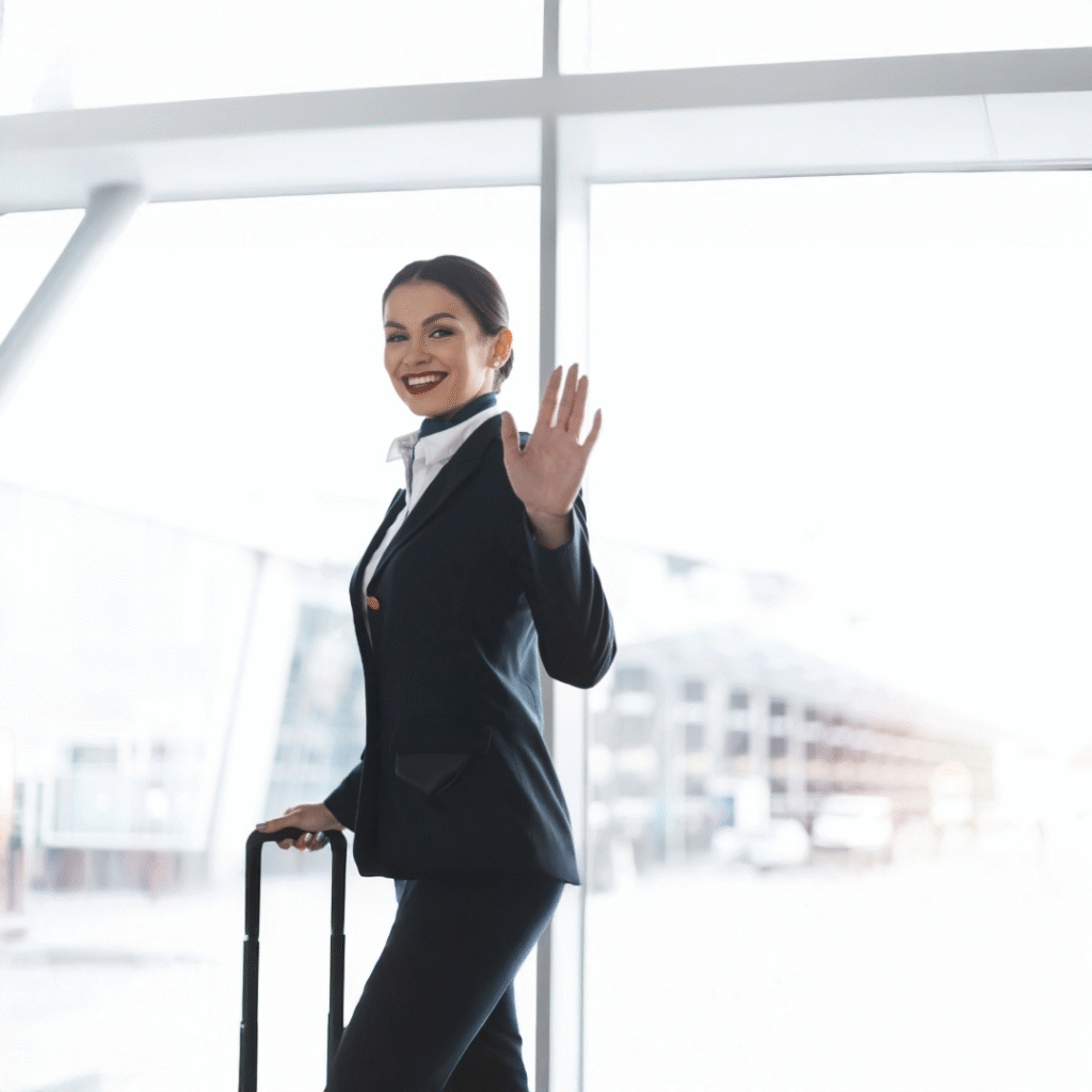 assistente di volo andando al lavoro