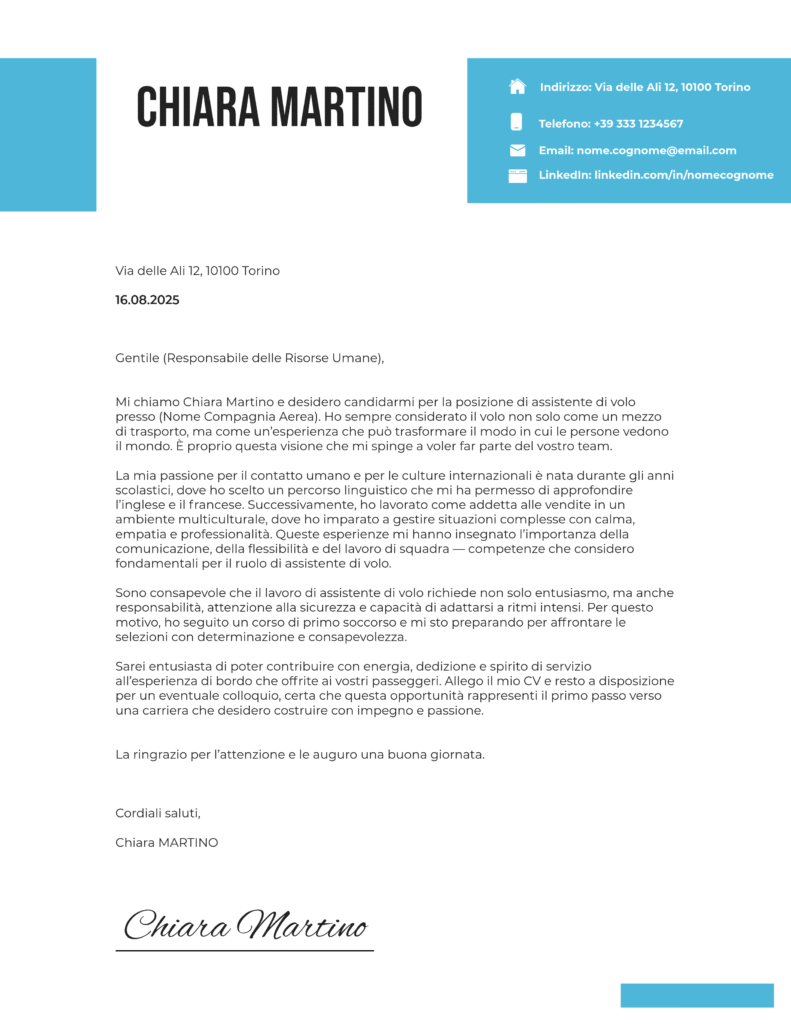 Lettera di motivazione assistente di volo