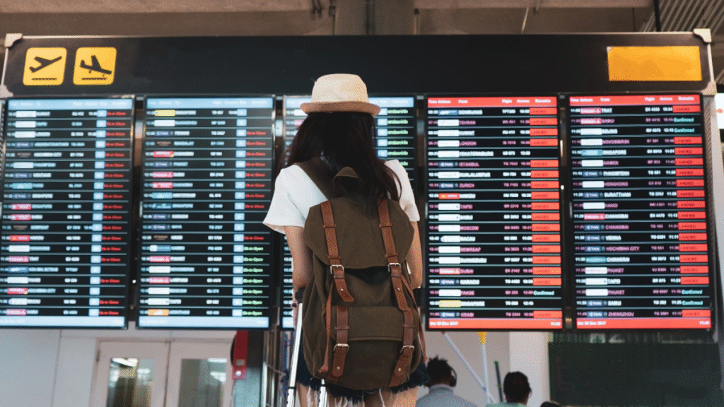 Passenger staring at the departure board after flight cancellation