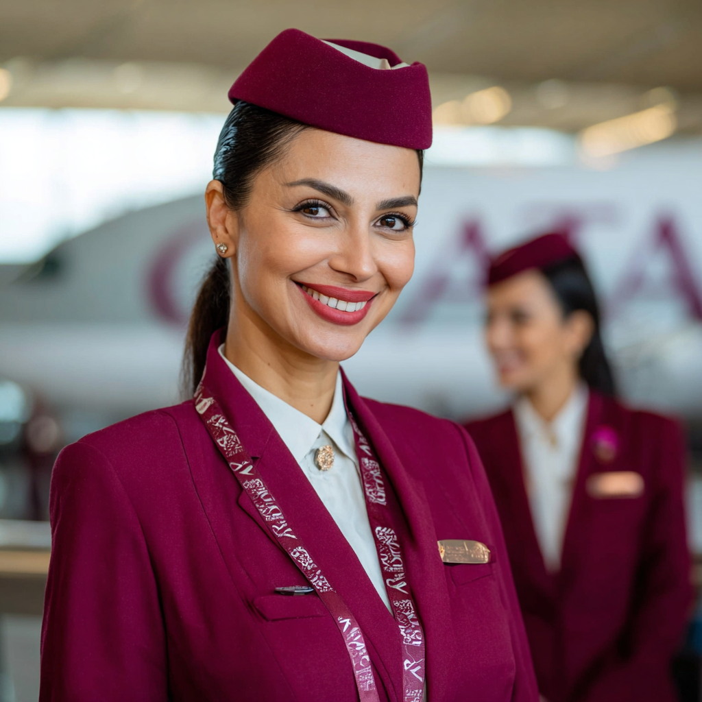 Hostess di volo Qatar Airways in uniforme