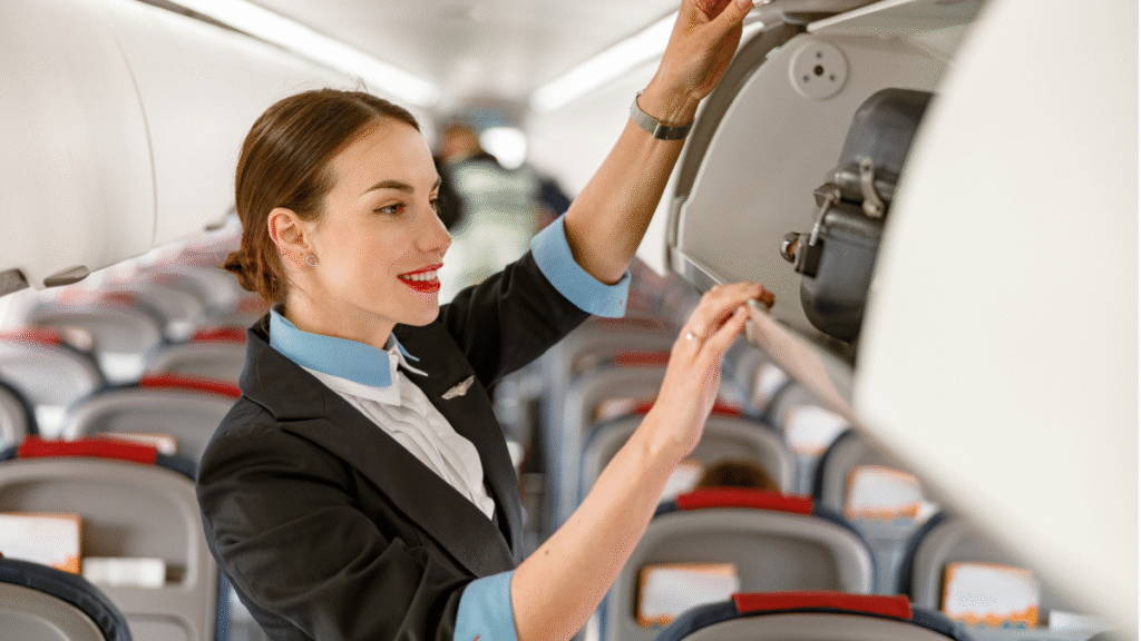 Cabin crew placing luggage in the overhead bin