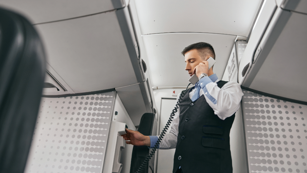 Responsabile di cabina in comunicazione con i piloti