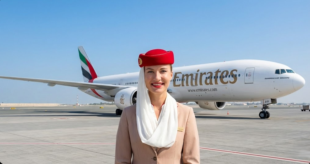 Emirates cabin crew member in uniform standing in front of an Emirates aircraft