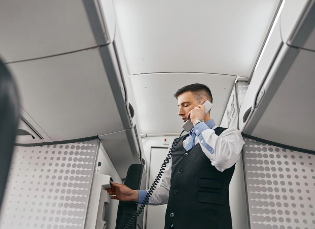 Assistente di volo che effettua il boarding announcement a bordo