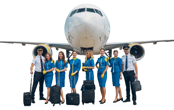 Flight attendant and aircrew in front of the aircraft