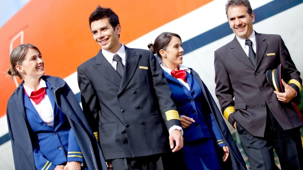 Cabin crew and pilots in uniform walking together in front of an aircraft before a rostered flight