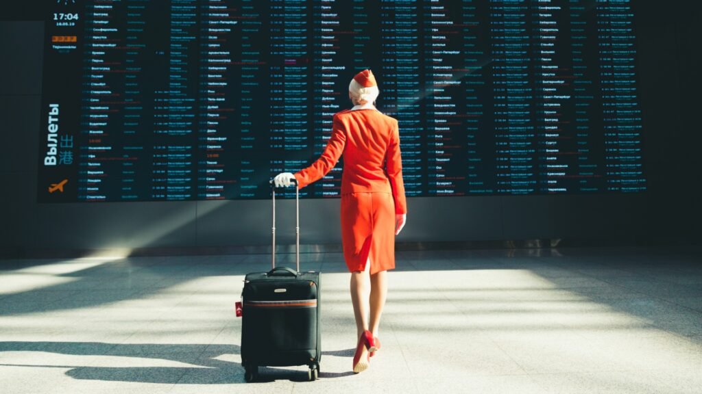 A flight attendant heading to the crew room