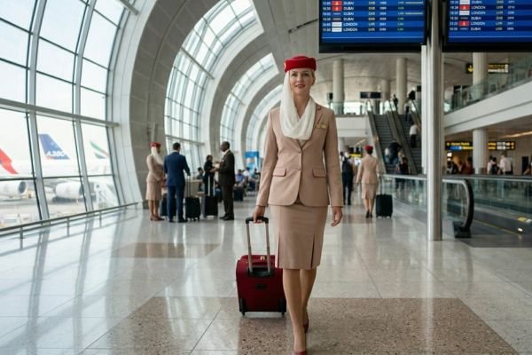 Emirates cabin crew walking through the airport
