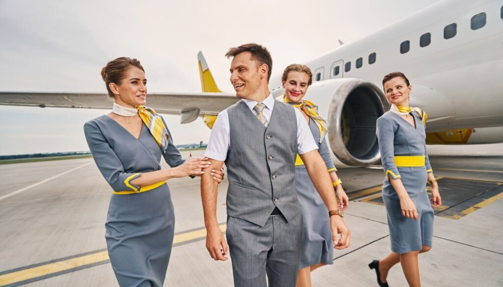 quipaggio di cabina uscendo dall'aereo