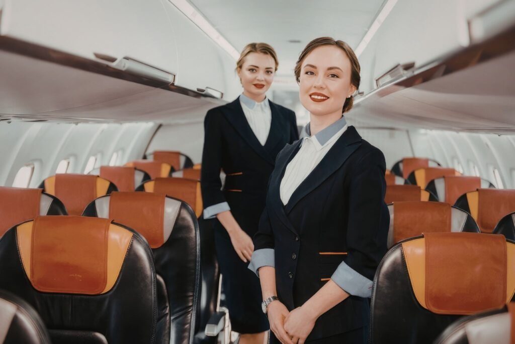 Smiling cabin crew at the end of the duty