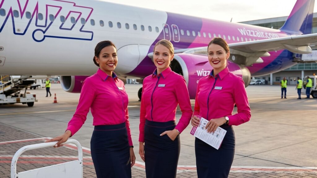Three Wizz Air cabin crew members posing in front of a Wizz Air aircraft