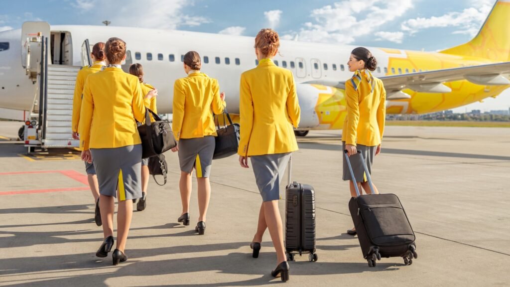 Assistenti di volo e piloti andando verso l'aereo