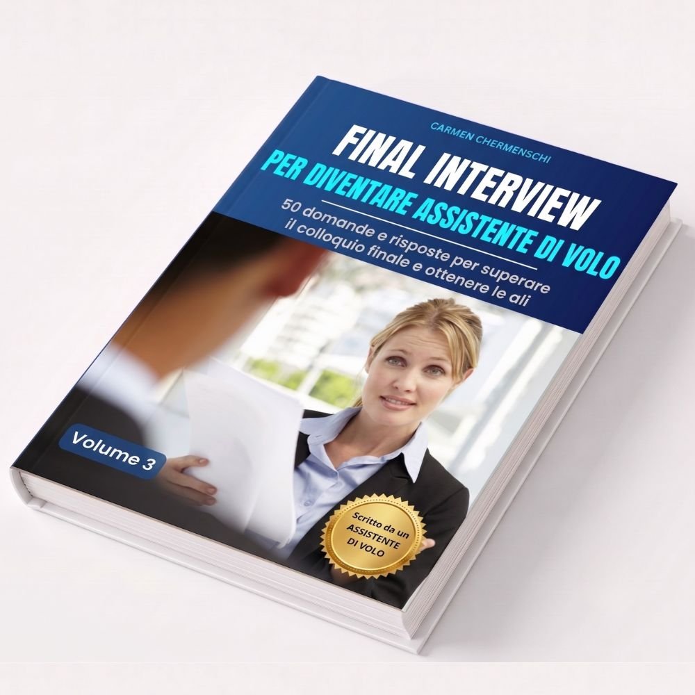 Libro Final Interview per diventare assistente di volo sul tavolo color crema