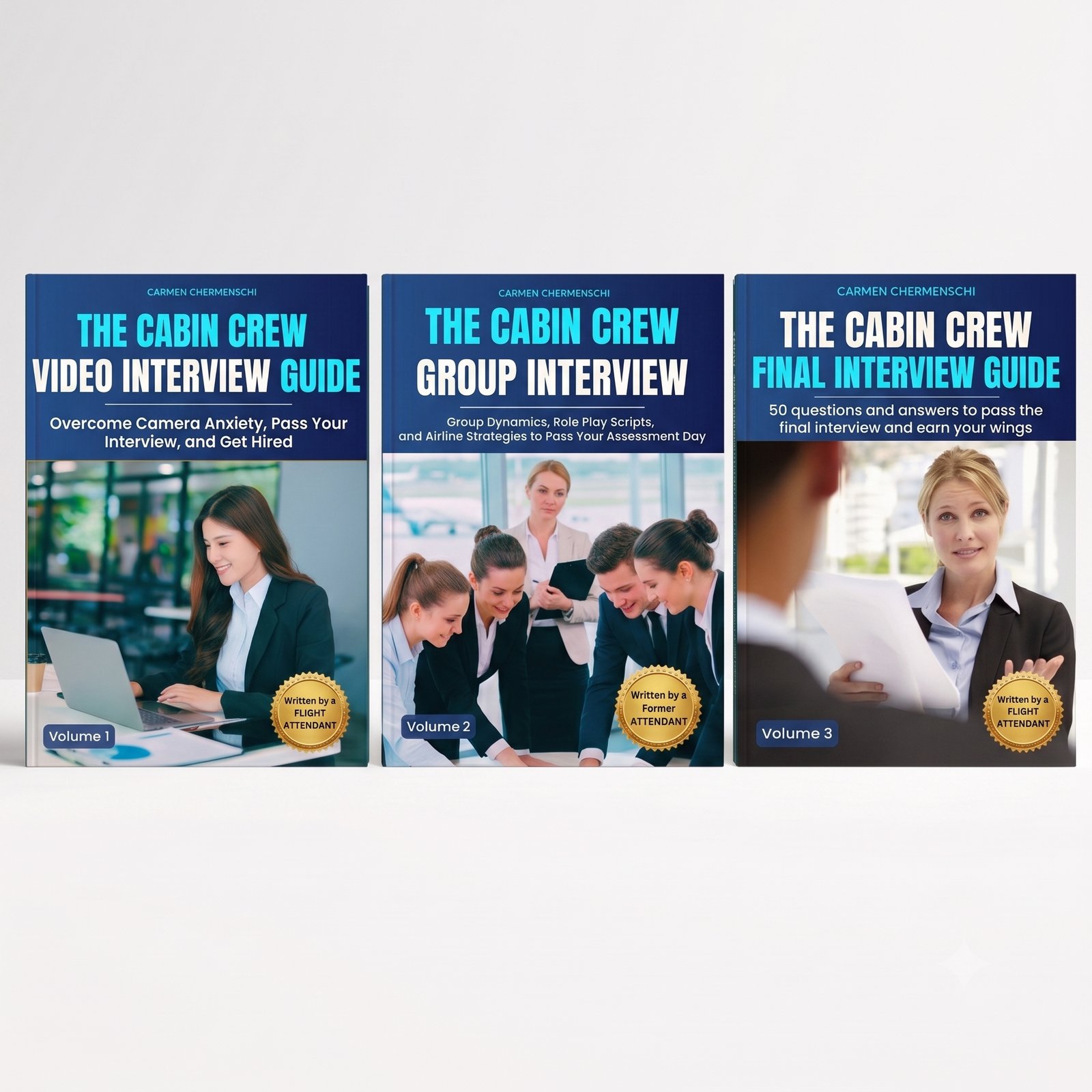 The three volumes of the cabin crew interview guides by Carmen Chermenschi